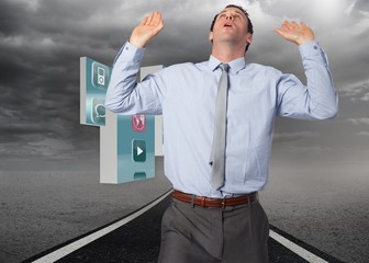 Poster - Composite image of businessman standing with arms pushing up
