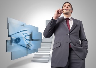 Poster - Composite image of thinking businessman holding his glasses
