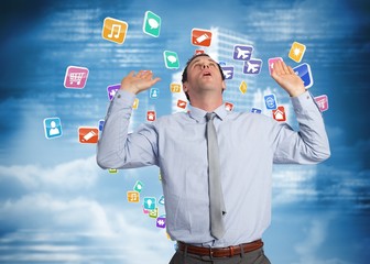 Poster - Composite image of businessman standing with arms pushing up