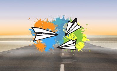 Poster - Composite image of paper airplanes on paint splashes