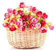 Bouquet of beautiful artificial flowers in wicker basket,