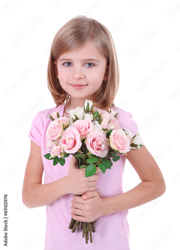 Beautiful little girl holding bouquet isolated on white