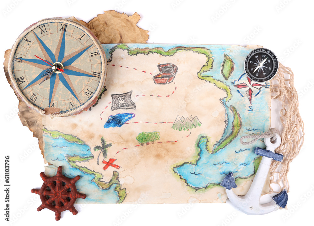 Treasure map with sea accessories, isolated on white