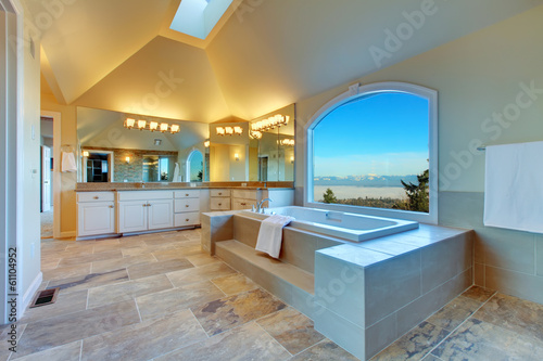 Fotografering Luxuriant bathroom with whirlpool and amazing window view