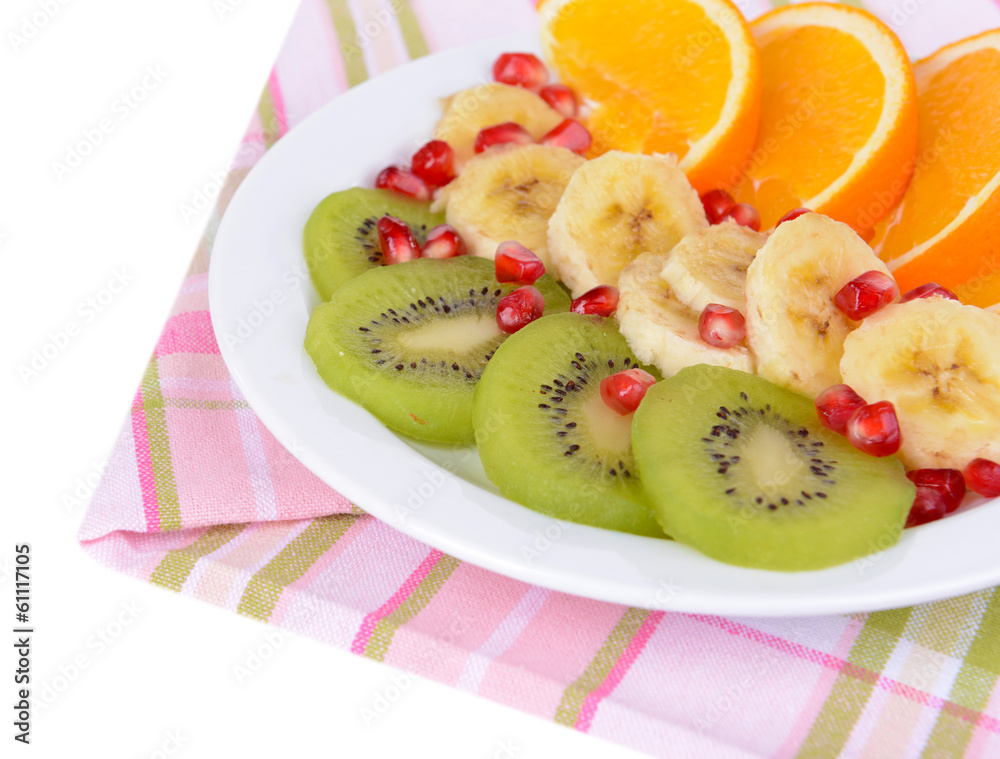 Sweet fresh fruits on plate on table close-up