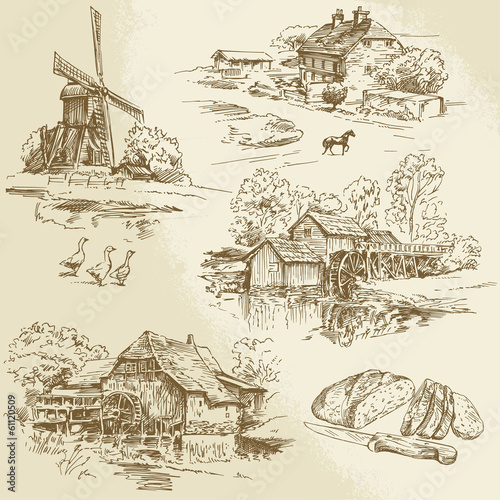 Fotografie, Obraz hand drawn collection - windmill and watermill