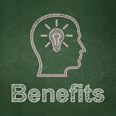 Finance concept: Head With Lightbulb and Benefits on chalkboard