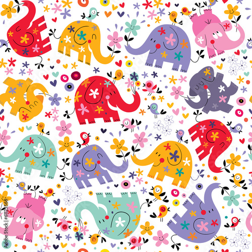 Fototapeta na wymiar cute elephants, birds & flowers pattern