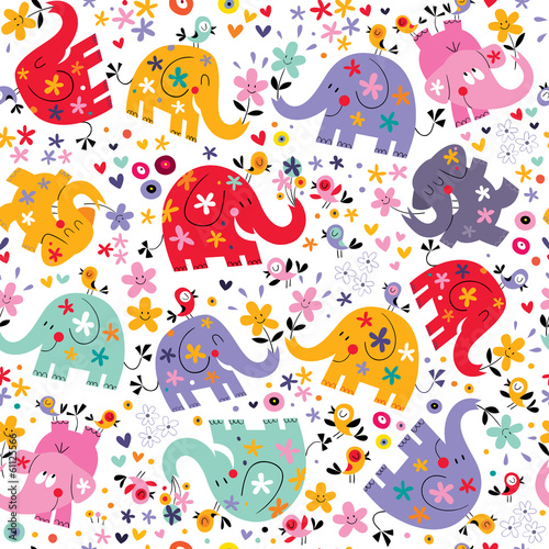 Naklejka - mata magnetyczna na lodówkę cute elephants, birds & flowers pattern