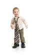 © Andrey Kuzmin - Funny boy playing in big father's shoes isolated on white