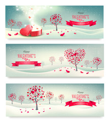 Poster - Holiday retro banners. Valentine trees with heart-shaped leaves.