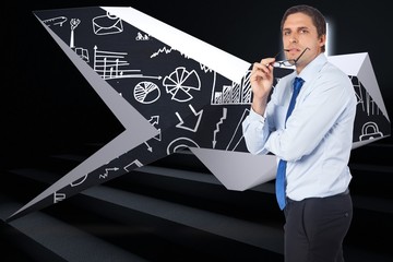 Poster - Composite image of thinking businessman biting glasses