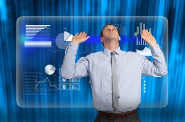 Poster - Composite image of businessman standing with arms pressing up