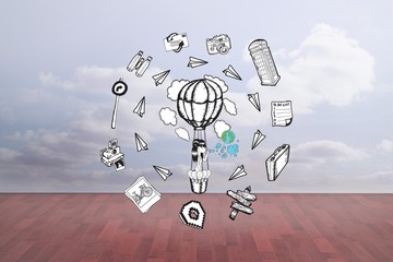 Poster - Composite image of girl in hot air balloon surrounded by doodles