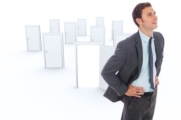 Poster - Composite image of cheerful businessman standing with hands on