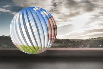 Poster - Composite image of smiling woman in field on abstract screen