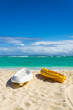 Kayaks on the beautiful sandy Caribbean beach in Dominikana