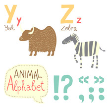 Cute Zoo Alphabet In Vector. Y, Z, Letters.