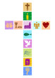 buntes christliches Kreuz mit diversen Symbolen