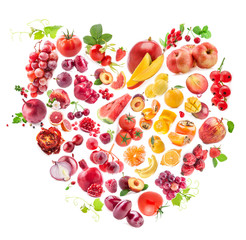 Wall Mural - Red Heart of fruits and vegetables isolated on white