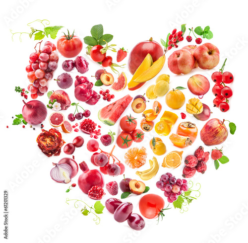 Fototapeta na wymiar Red Heart of fruits and vegetables isolated on white