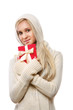 © lenets_tan - Woman in santa hat with gift,isolated on white background.