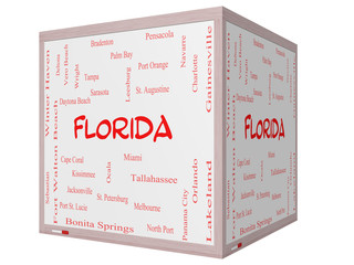 Florida State Word Cloud Concept on a 3D cube Whiteboard