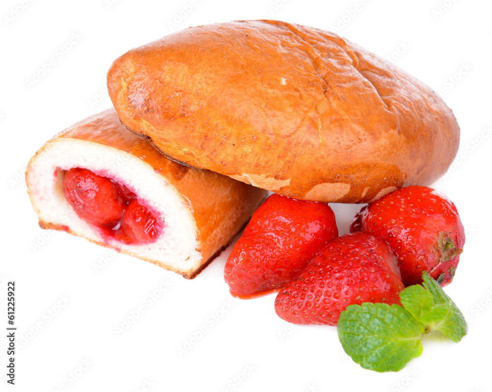 Fresh baked pasties with strawberries isolated on white