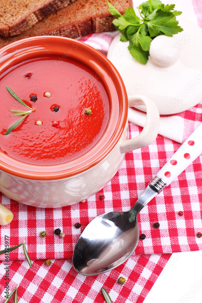 Tasty tomato soup and vegetables, close up