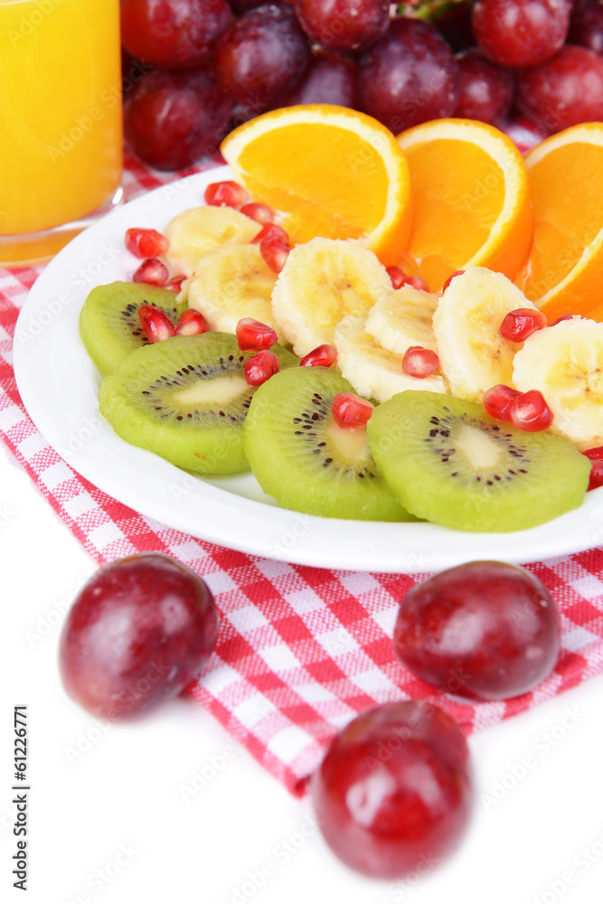 Sweet fresh fruits on plate on table close-up