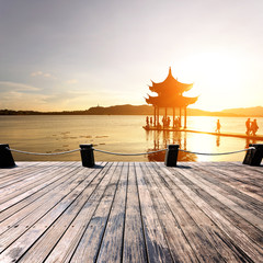 Wall Mural - ancient pavilion in hangzhou with sunset glow