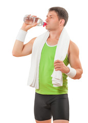 sportsman drinking water from transparent bottle isolated on whi