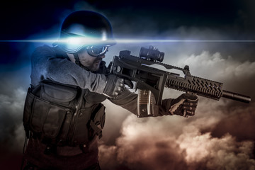 Wall Mural - Soldier in uniform with rifle, assault sniper on apocalyptic clo