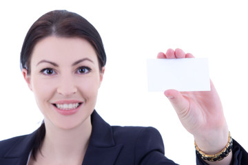 Wall Mural - young beautiful businesswoman showing visiting card isolated on