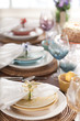 Selective focus view of Spring or Easter dining place settings