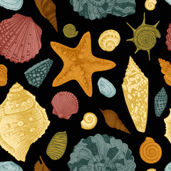 Wall Mural - Vector seamless vintage pattern with colorful seashells