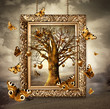 Magic tree with golden apples and butterflies in frame. Concept