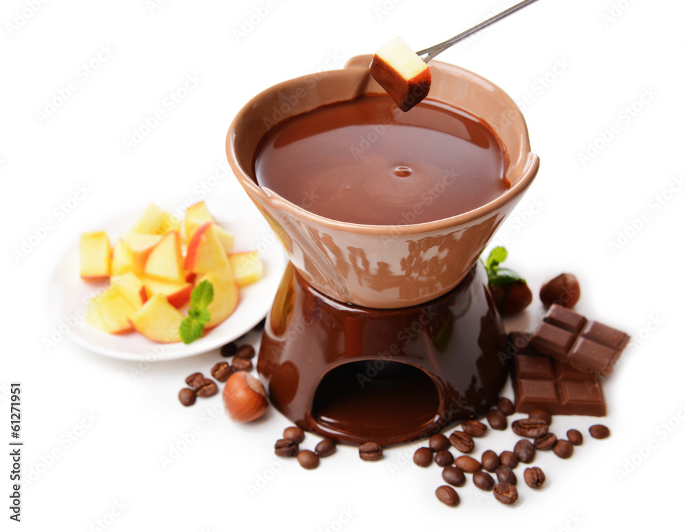 Chocolate fondue with fruits, isolated on white