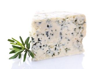 Tasty blue cheese with rosemary, isolated on white