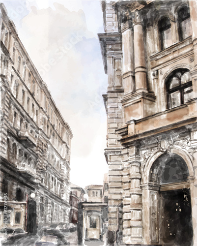 Obraz w ramie watercolor illustration of city scape.