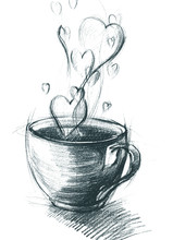 Cup Of Tea With Steam Hearts, Freehand Sketch Drawing