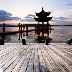 Wall Mural - pavilion at nightfall in west lake ，hangzhou ，China