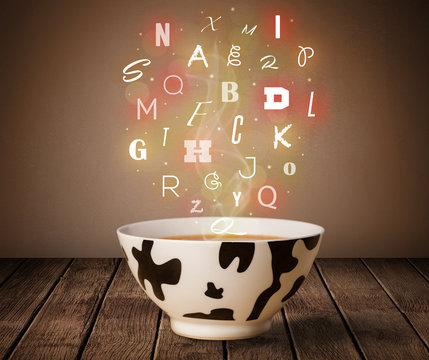Colorful letters coming out of home cook soup bowl
