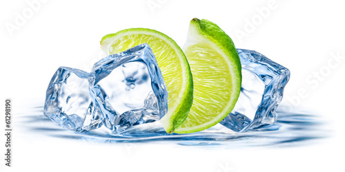 Obraz w ramie Lime fruit with ice isolated on white background