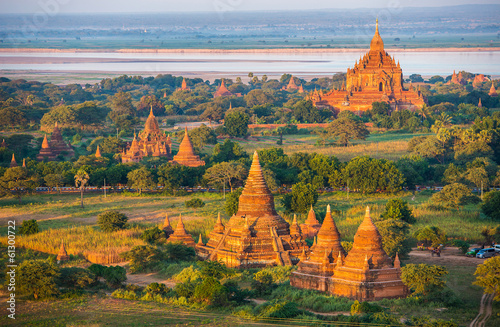 Ancient pagodas in Bagan with altitude balloon Myanmar Poster