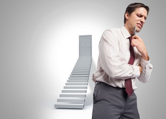 Poster - Composite image of thoughtful businessman holding pen to chin