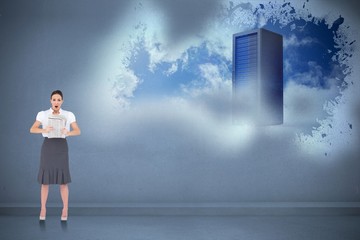 Poster - Composite image of shocked stylish businesswoman holding
