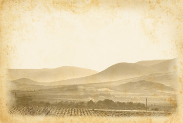 Wall Mural - Ancient page with vineyard and mountain landscape.