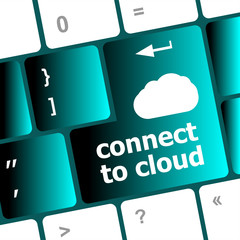 Poster - connect to cloud, computer keyboard for cloud computing