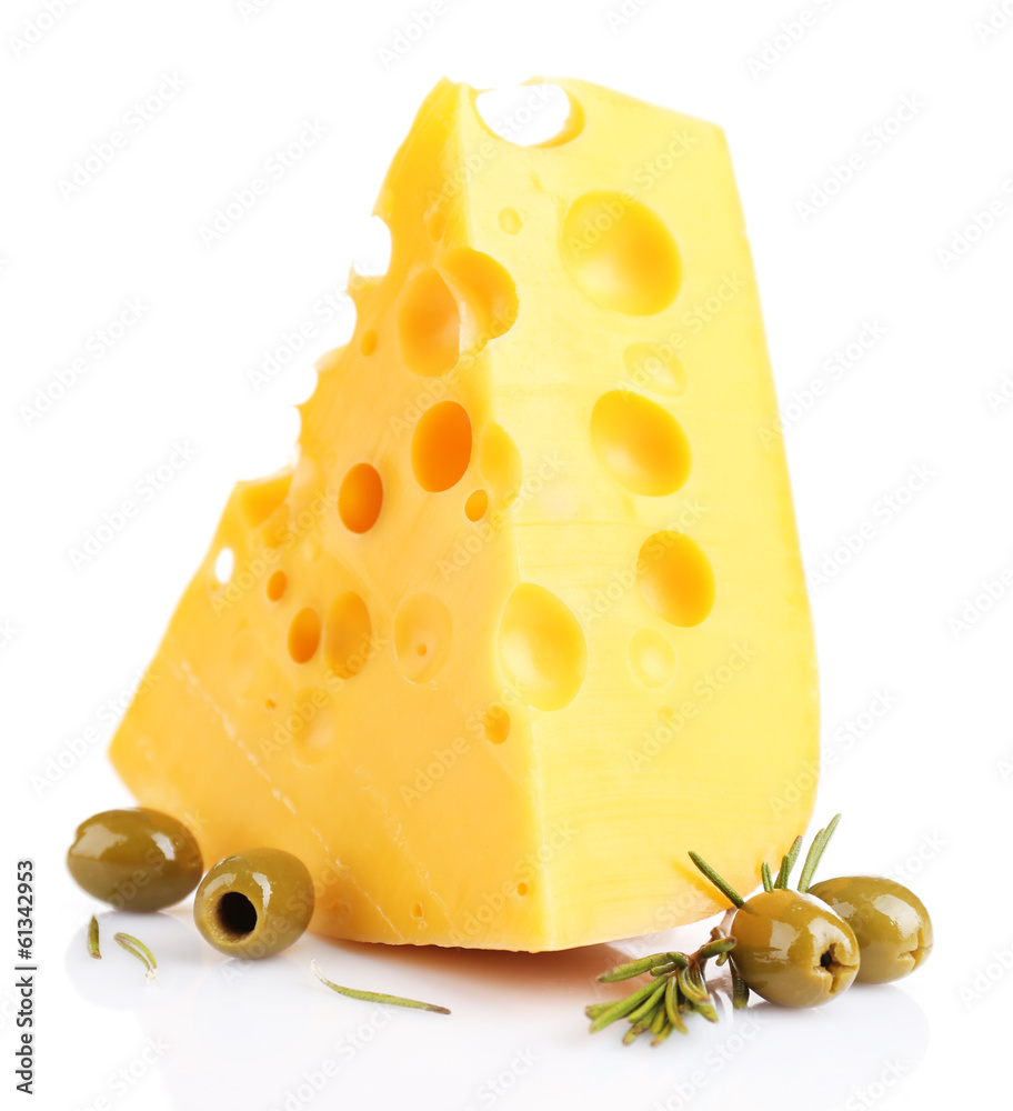 Piece of cheese with green olives, isolated on white